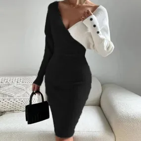 Advbridge Party Fashion Women High Waist Wrap Dress Autumn Winter Contrast Color Knitted Dresses Lady Formal V Neck Slim Midi Dress