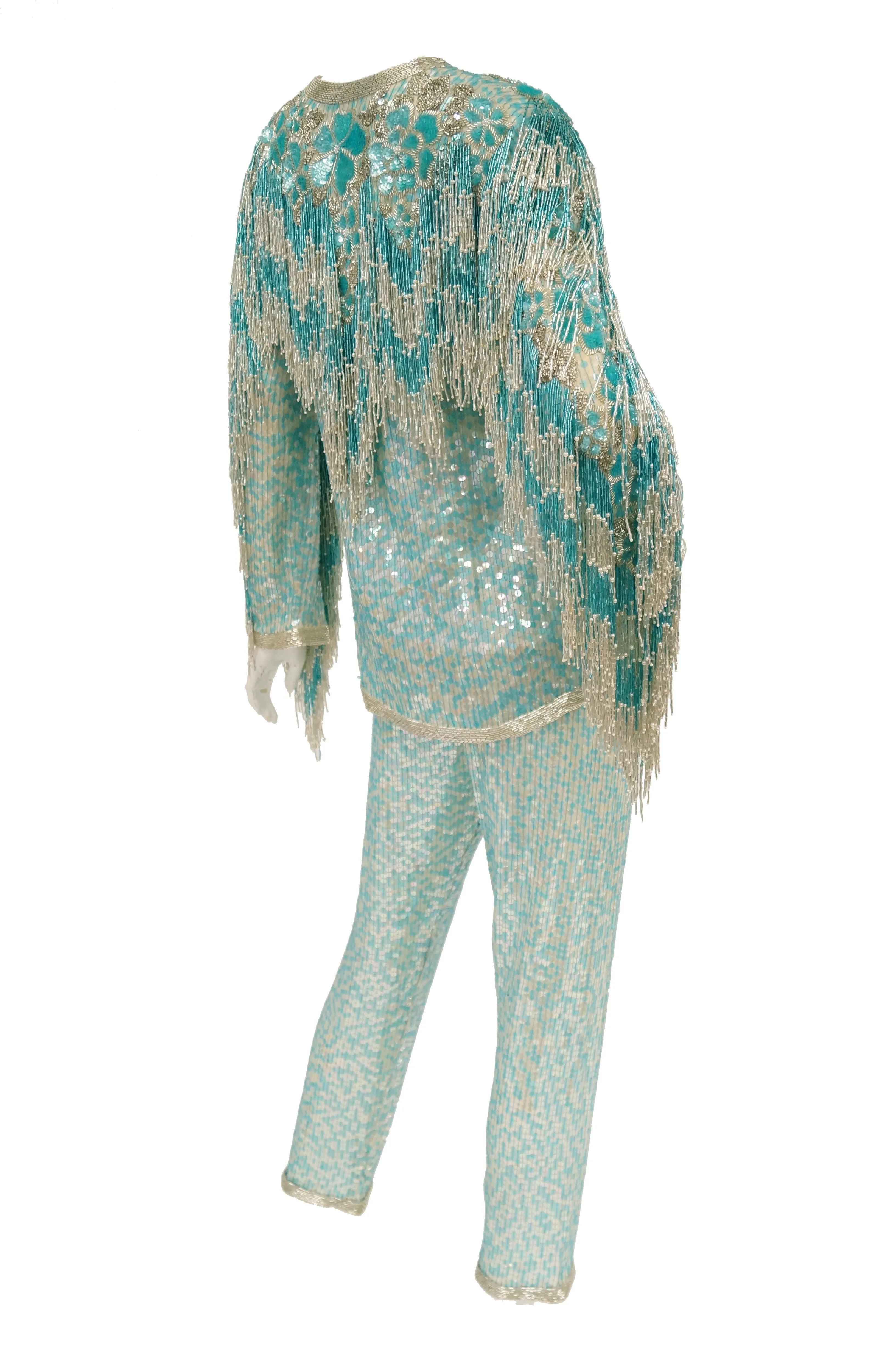 1980s Naeem Khan Silk Aqua Sequin & Beading Evening Ensemble W/ Tassel Jacket