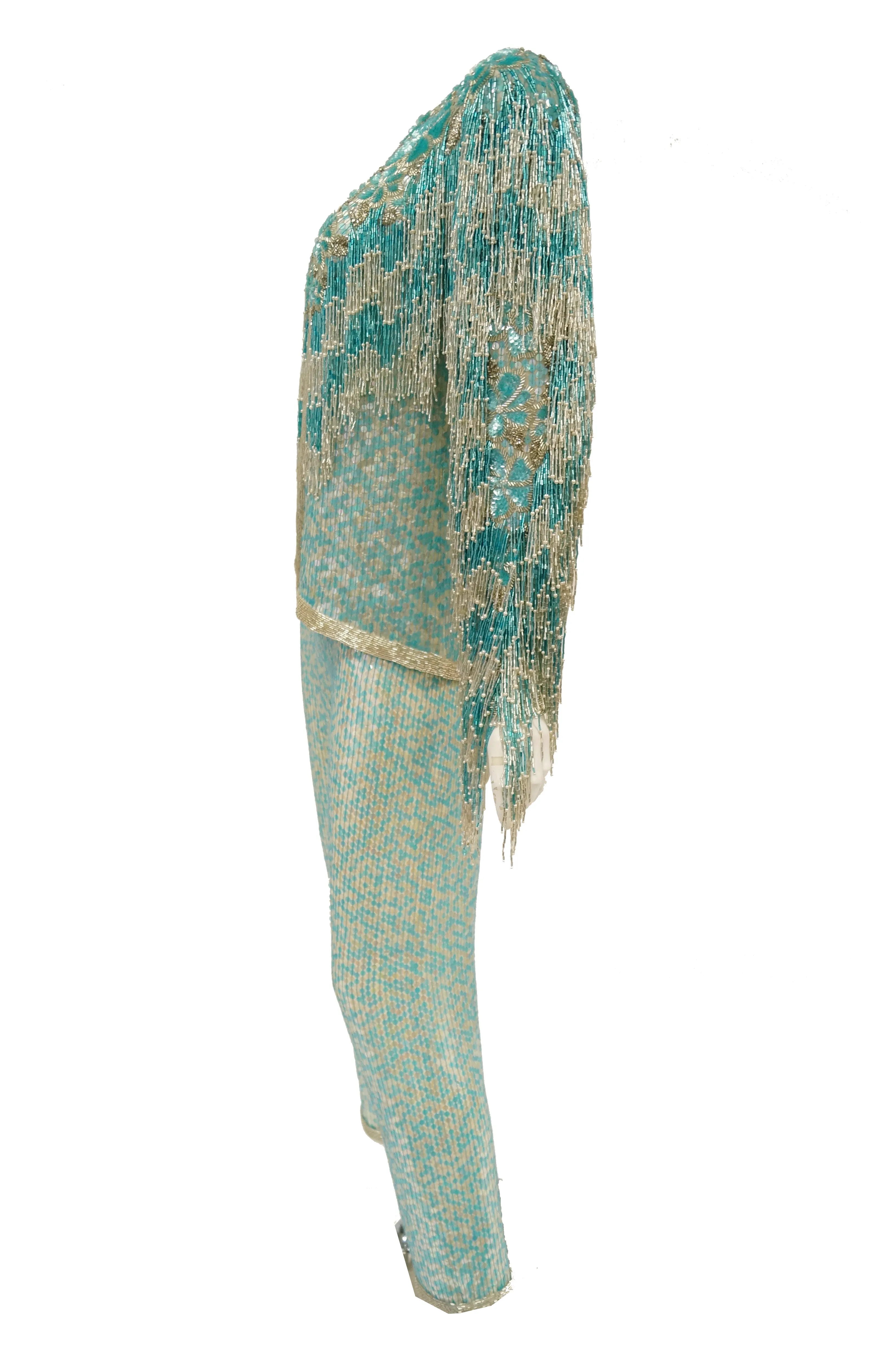 1980s Naeem Khan Silk Aqua Sequin & Beading Evening Ensemble W/ Tassel Jacket