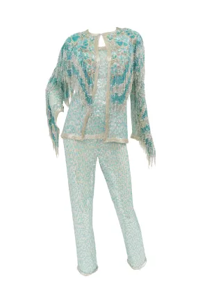 1980s Naeem Khan Silk Aqua Sequin & Beading Evening Ensemble W/ Tassel Jacket