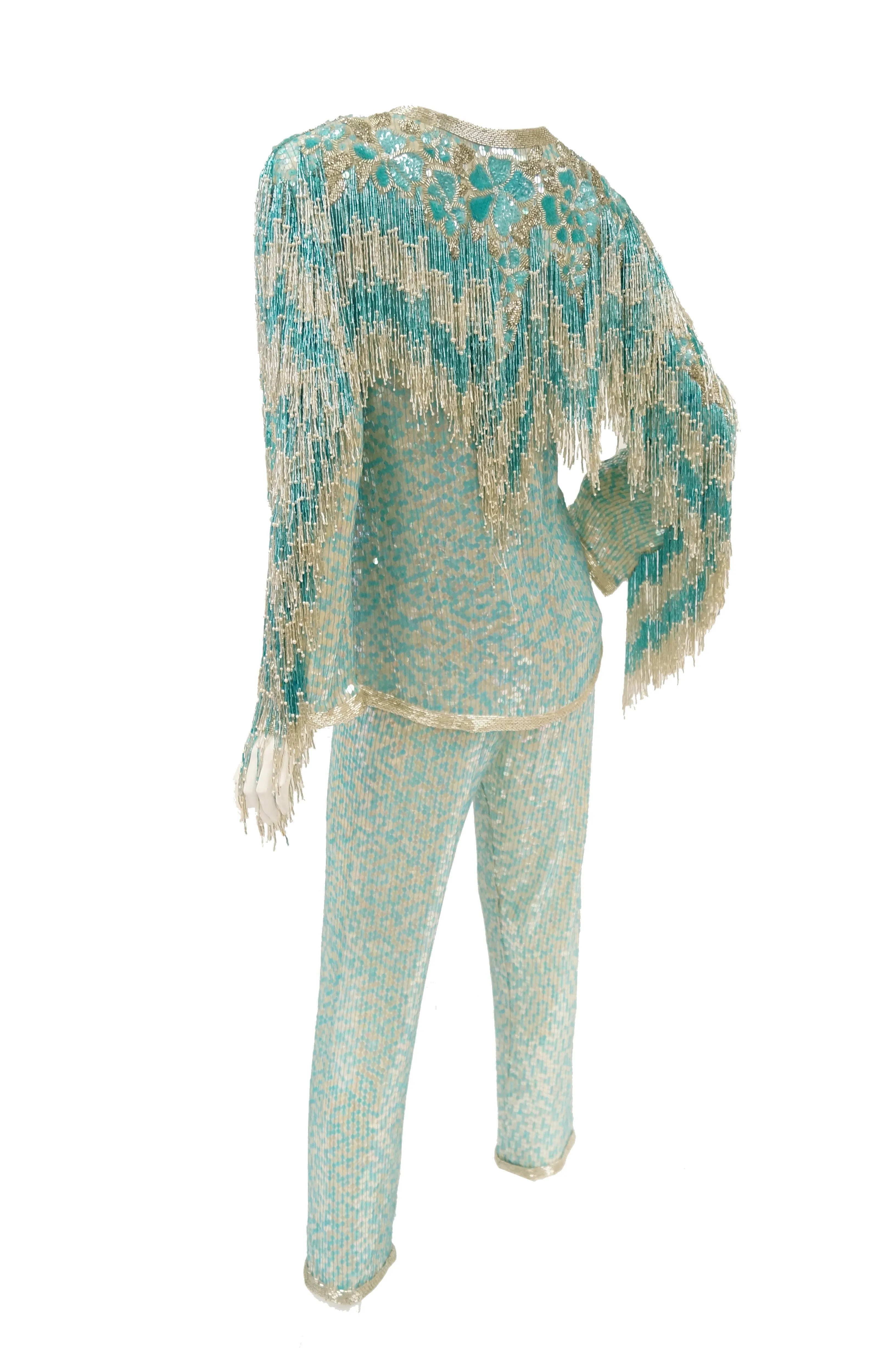 1980s Naeem Khan Silk Aqua Sequin & Beading Evening Ensemble W/ Tassel Jacket