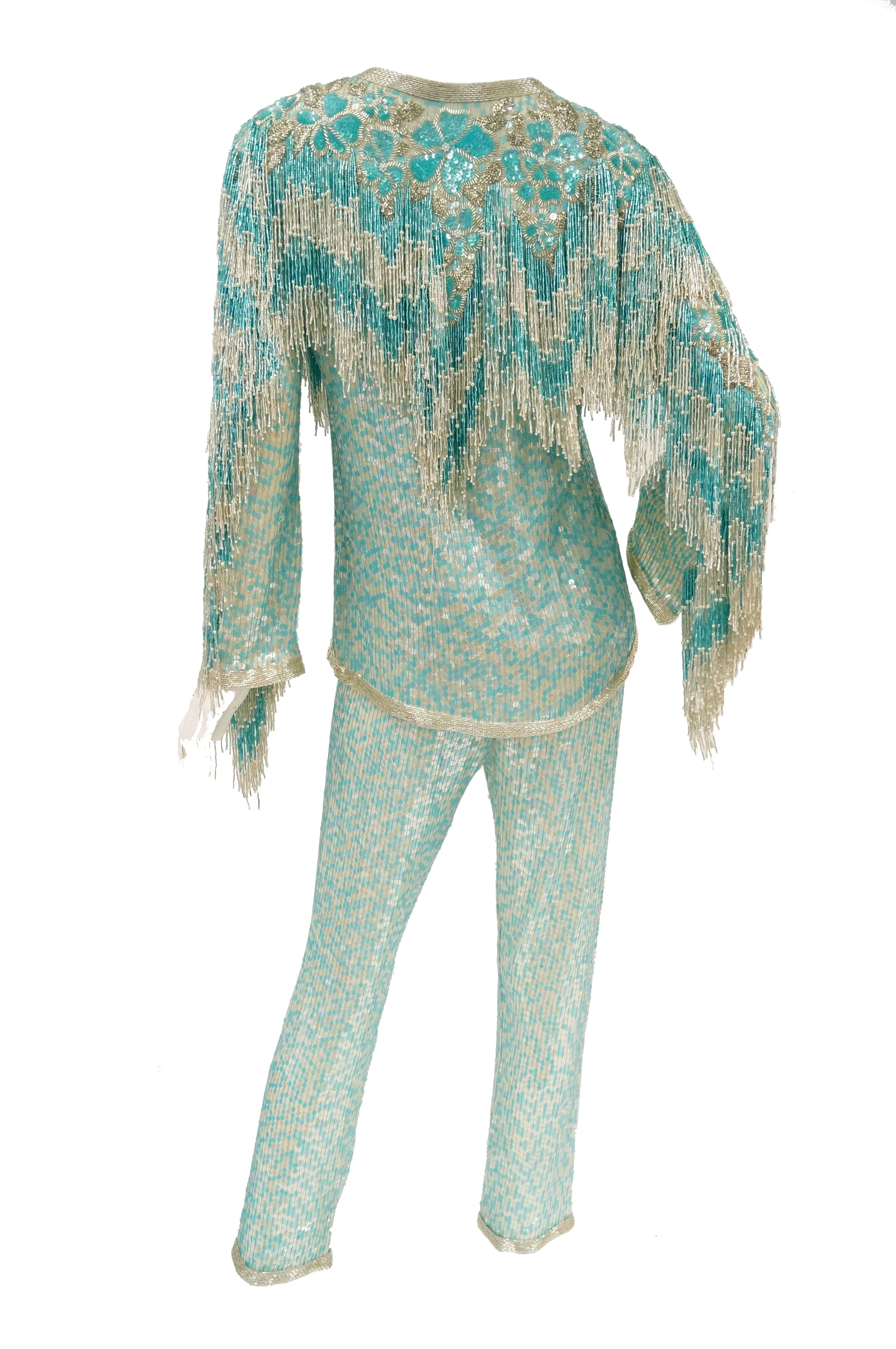 1980s Naeem Khan Silk Aqua Sequin & Beading Evening Ensemble W/ Tassel Jacket