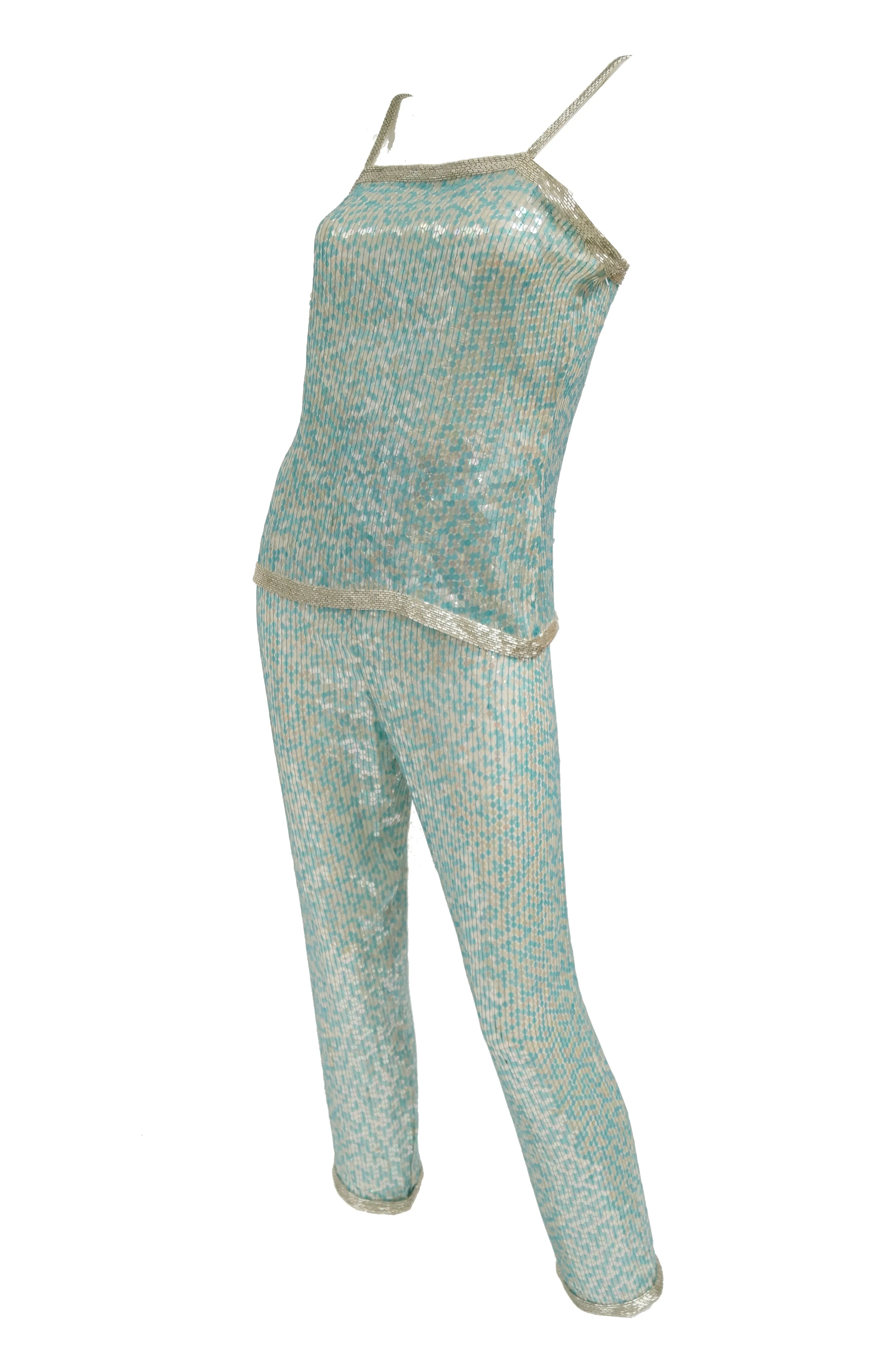 1980s Naeem Khan Silk Aqua Sequin & Beading Evening Ensemble W/ Tassel Jacket