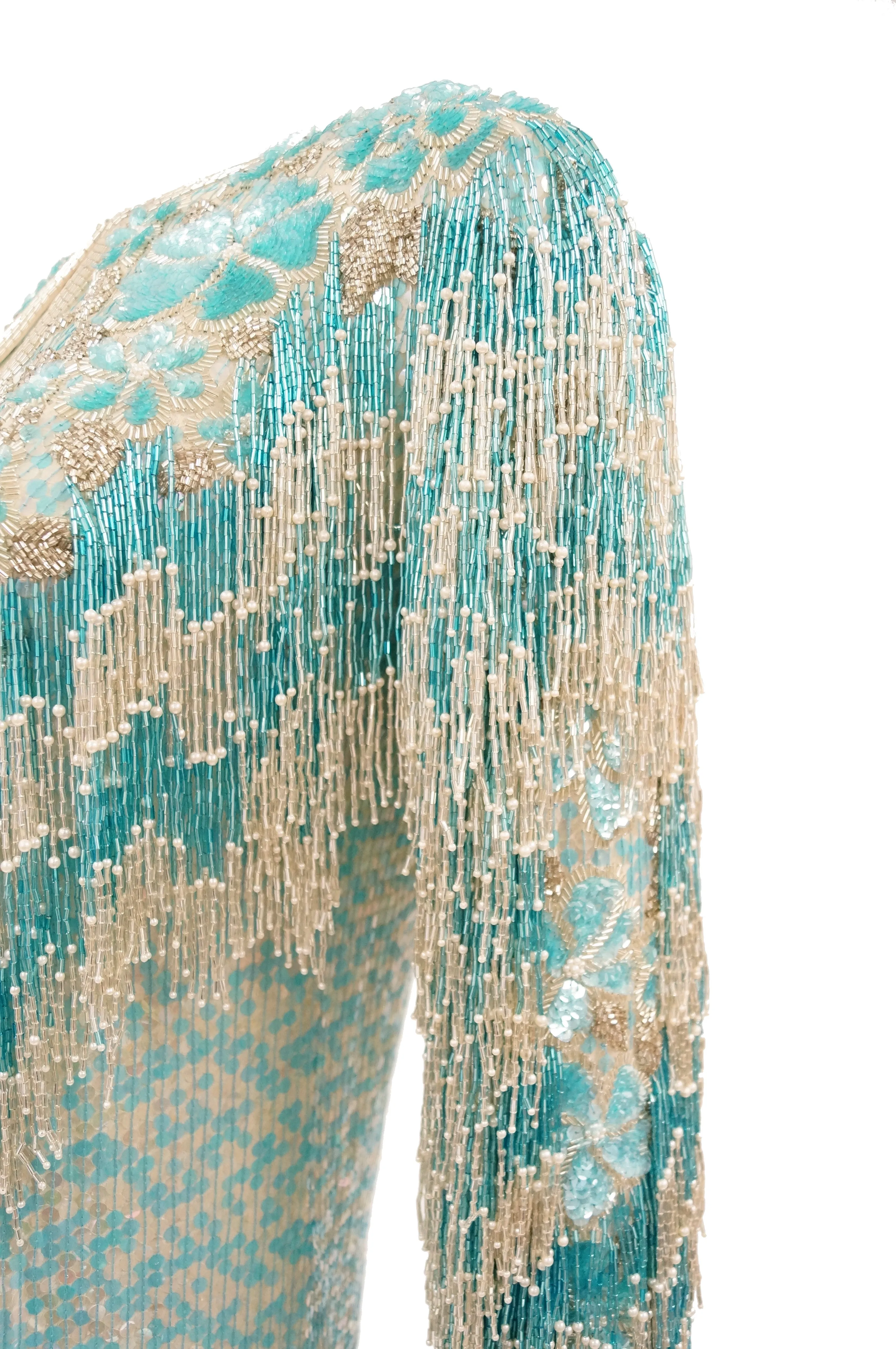 1980s Naeem Khan Silk Aqua Sequin & Beading Evening Ensemble W/ Tassel Jacket