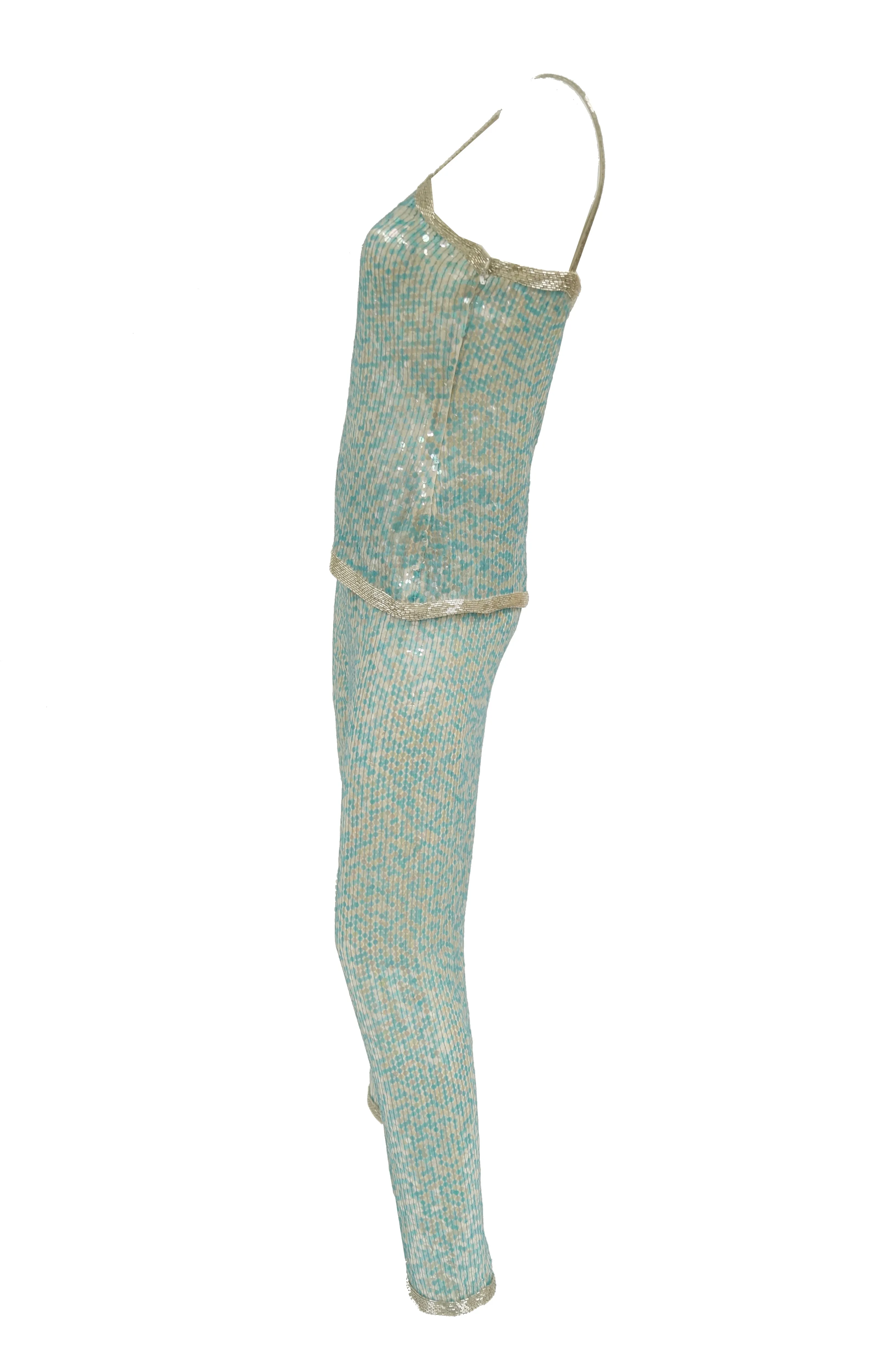 1980s Naeem Khan Silk Aqua Sequin & Beading Evening Ensemble W/ Tassel Jacket