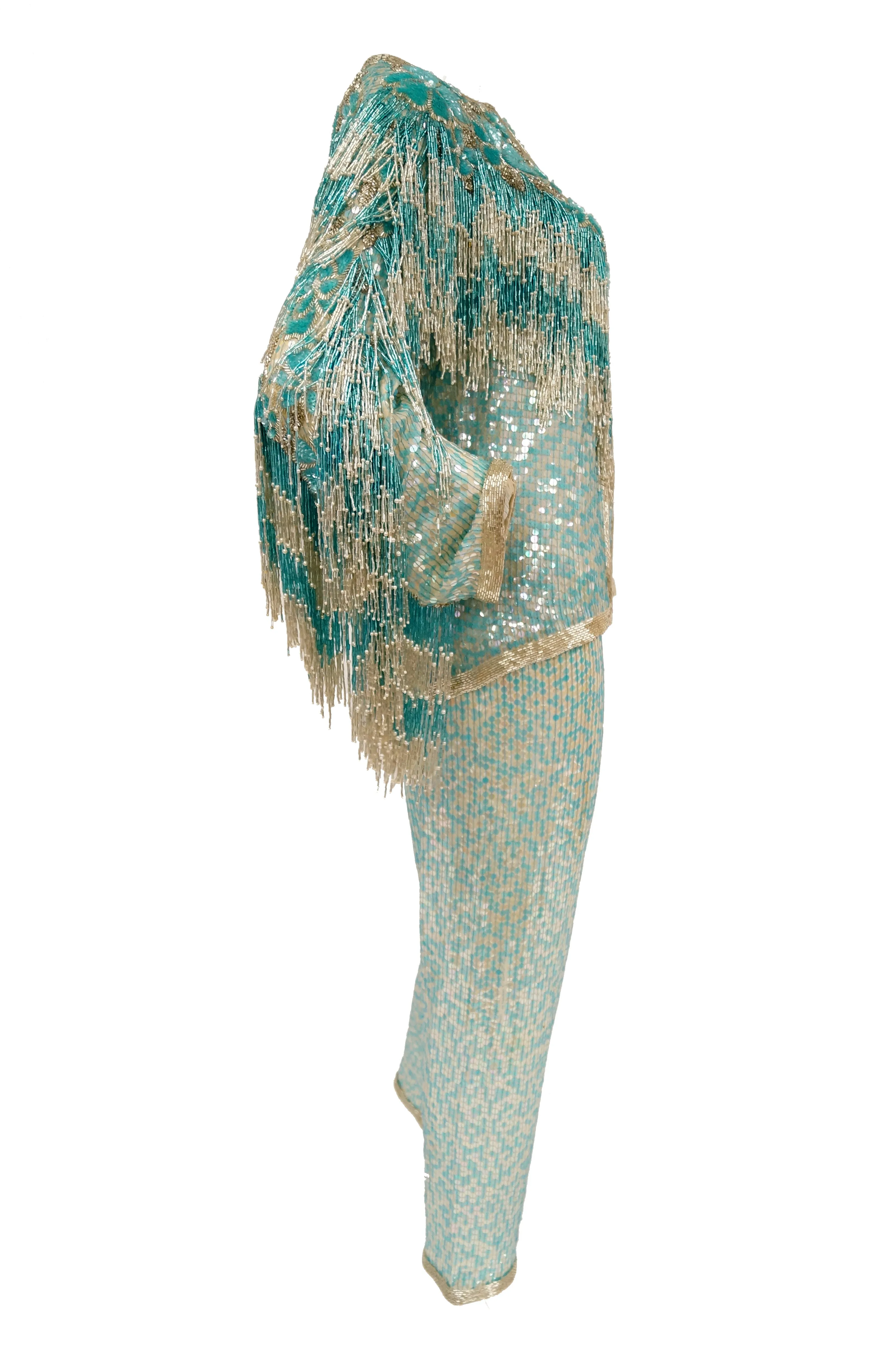 1980s Naeem Khan Silk Aqua Sequin & Beading Evening Ensemble W/ Tassel Jacket