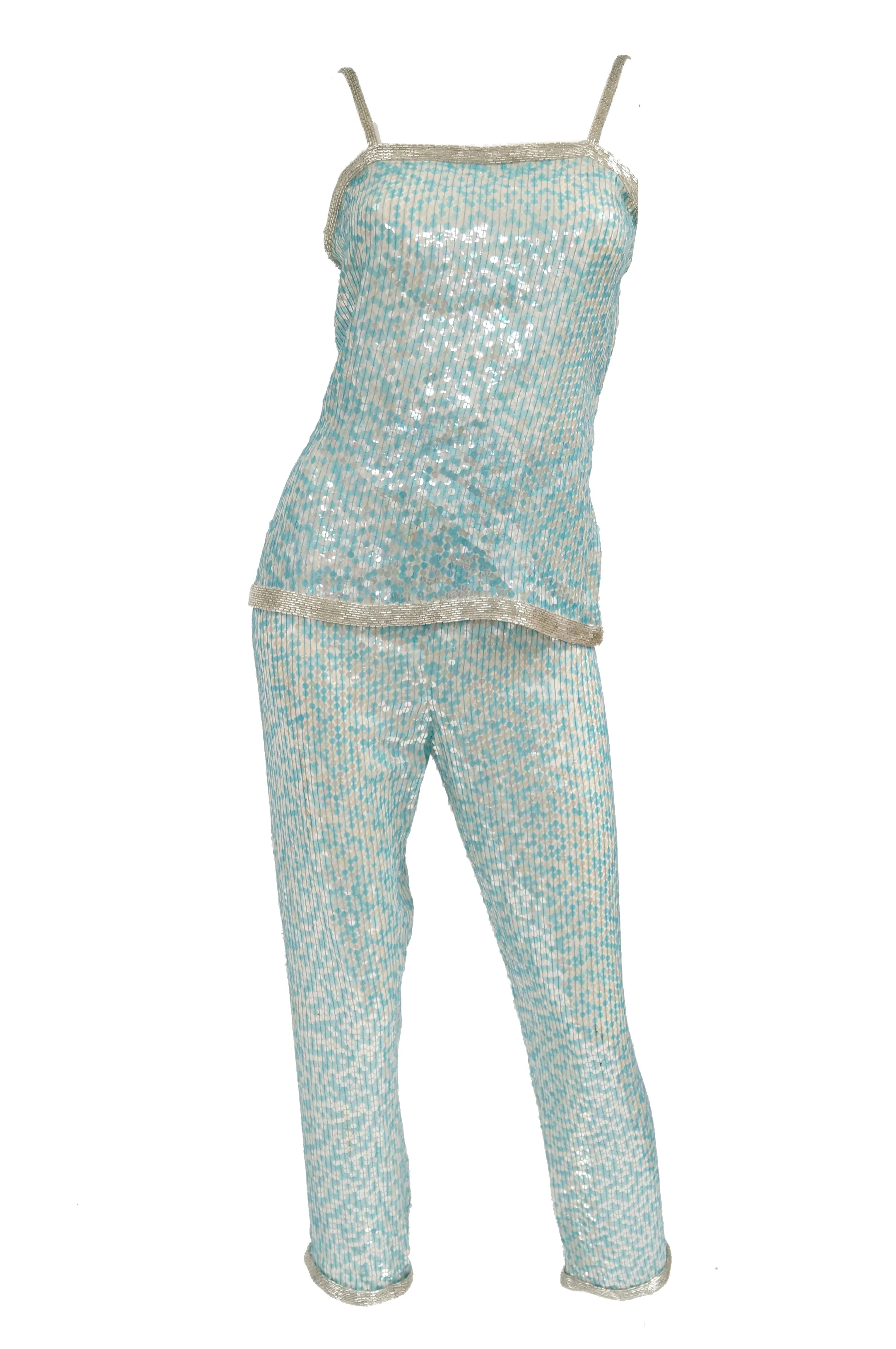 1980s Naeem Khan Silk Aqua Sequin & Beading Evening Ensemble W/ Tassel Jacket