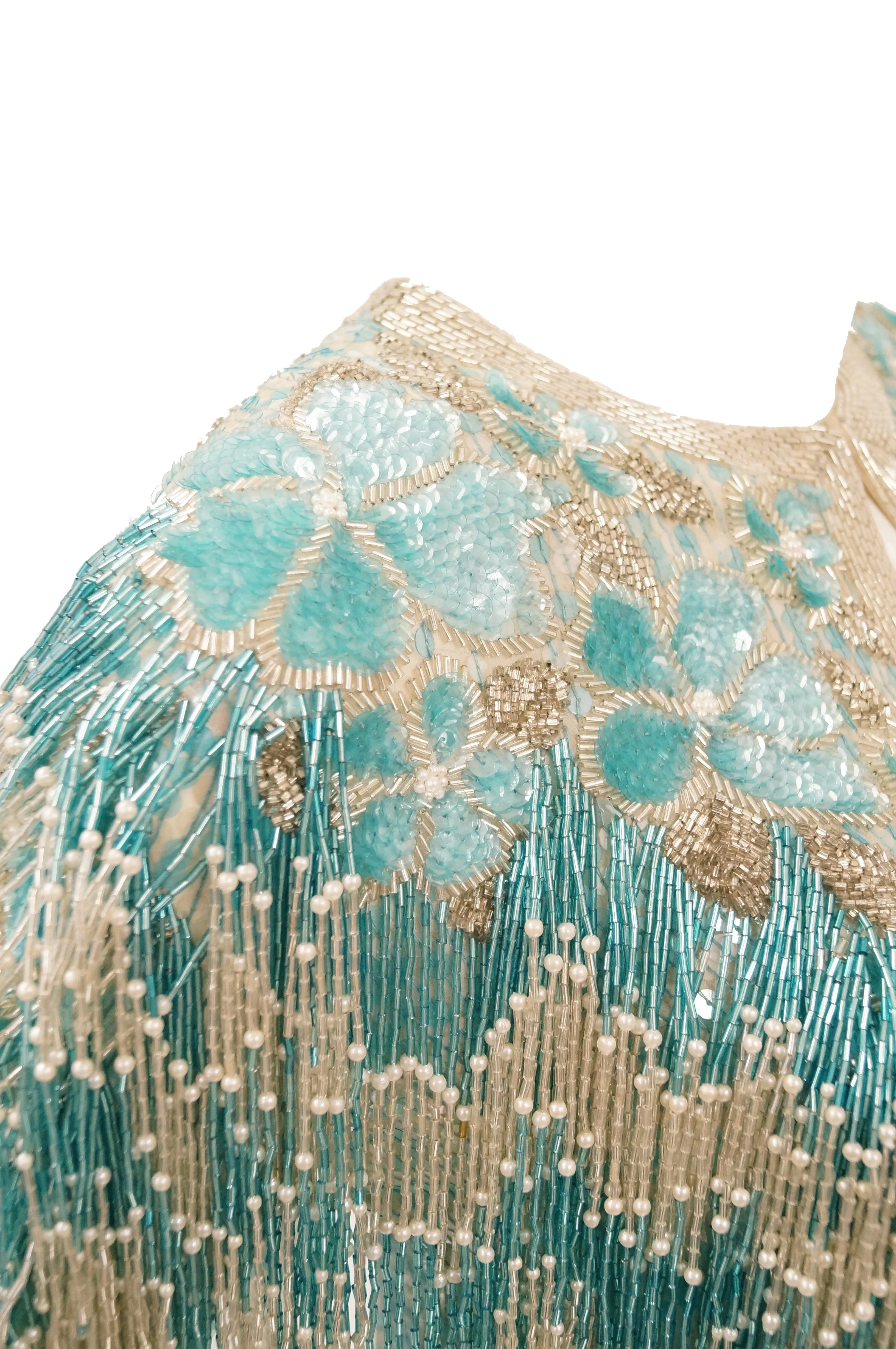 1980s Naeem Khan Silk Aqua Sequin & Beading Evening Ensemble W/ Tassel Jacket