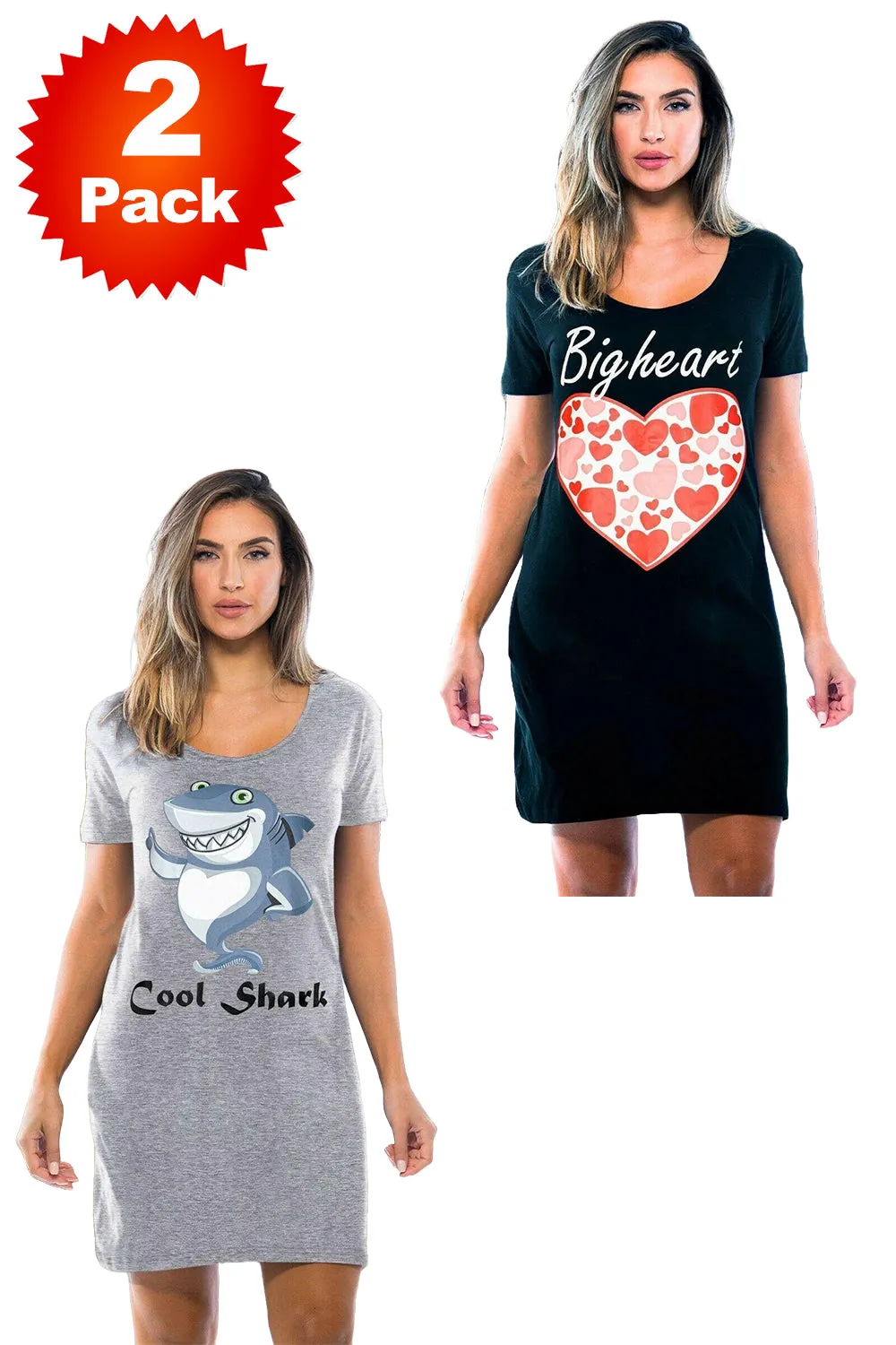 2 Pack Womens Short Sleeve Printed Night Shirts