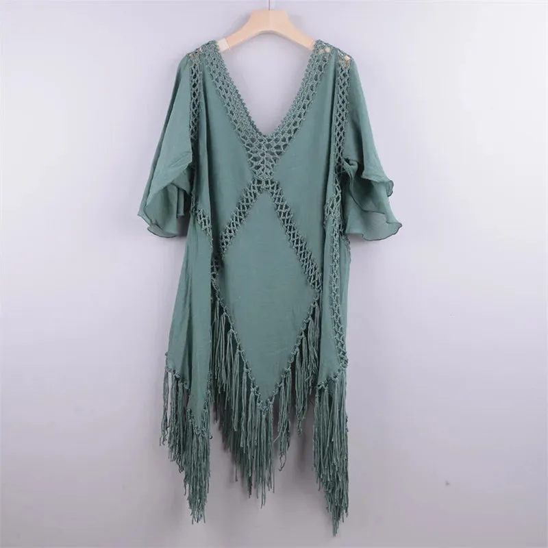 2021 Beach Cover Up Crochet Knitted Tassel Tie Beachwear Tunic Long Pareos Summer Swimsuit Cover Up Sexy See-Through Beach Dress