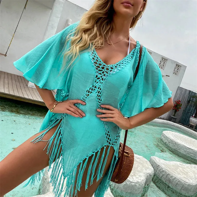 2021 Beach Cover Up Crochet Knitted Tassel Tie Beachwear Tunic Long Pareos Summer Swimsuit Cover Up Sexy See-Through Beach Dress