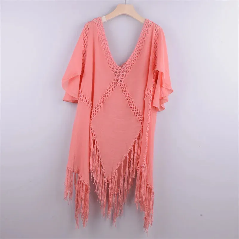 2021 Beach Cover Up Crochet Knitted Tassel Tie Beachwear Tunic Long Pareos Summer Swimsuit Cover Up Sexy See-Through Beach Dress