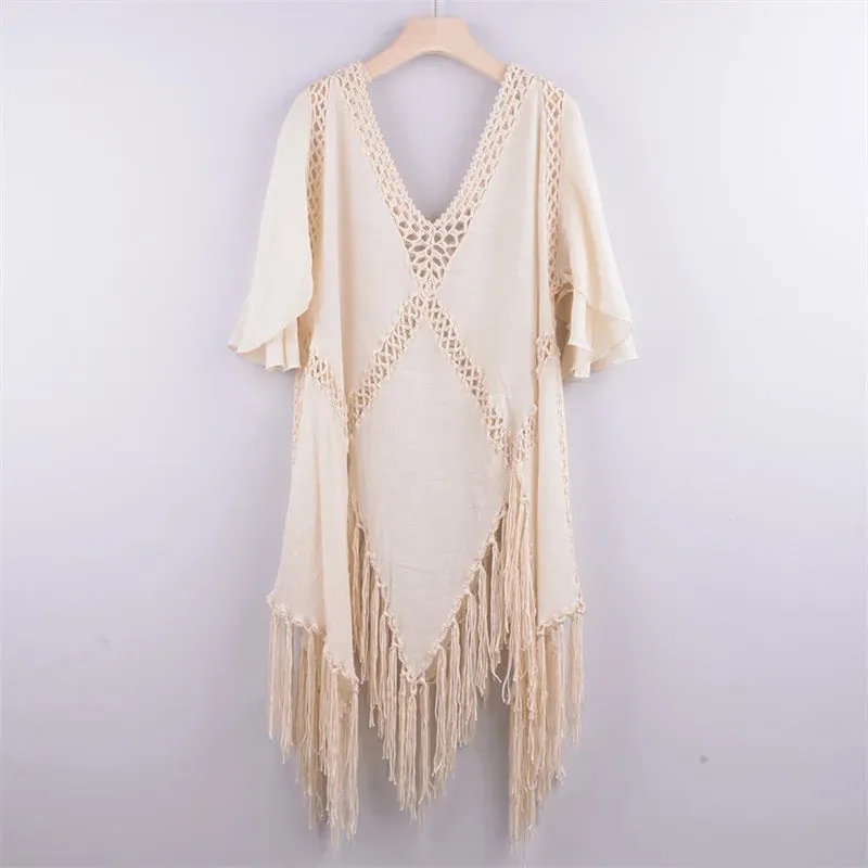 2021 Beach Cover Up Crochet Knitted Tassel Tie Beachwear Tunic Long Pareos Summer Swimsuit Cover Up Sexy See-Through Beach Dress