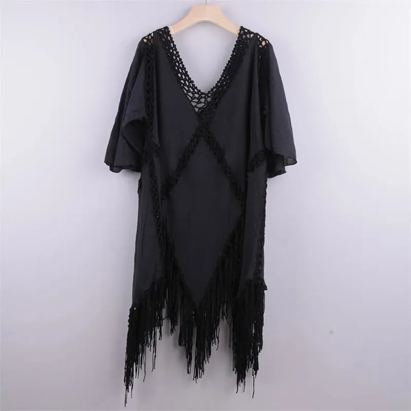 2021 Beach Cover Up Crochet Knitted Tassel Tie Beachwear Tunic Long Pareos Summer Swimsuit Cover Up Sexy See-Through Beach Dress