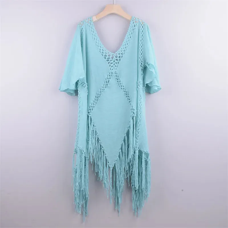 2021 Beach Cover Up Crochet Knitted Tassel Tie Beachwear Tunic Long Pareos Summer Swimsuit Cover Up Sexy See-Through Beach Dress