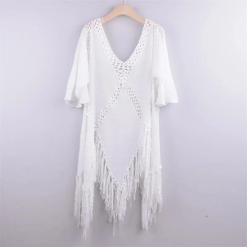 2021 Beach Cover Up Crochet Knitted Tassel Tie Beachwear Tunic Long Pareos Summer Swimsuit Cover Up Sexy See-Through Beach Dress