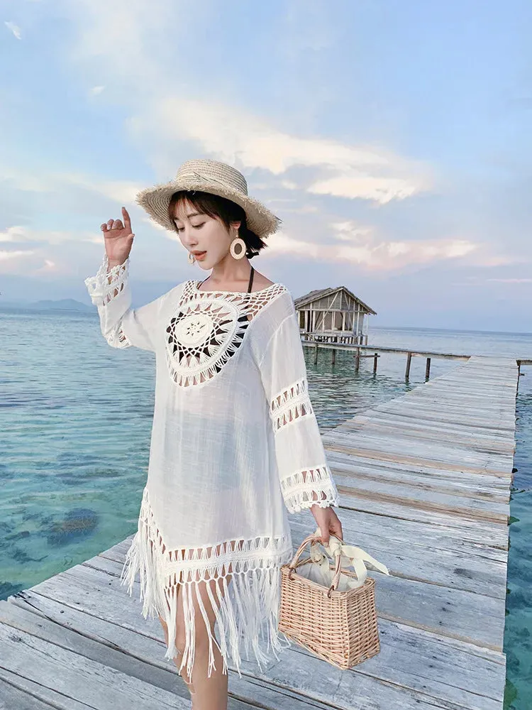 2022 New Beach Cover Up Tassel Dress Pareo Women Bikini Summer Hollow Out Swimwear Sun Dress Long Sleeve White Swimsuit Vestido