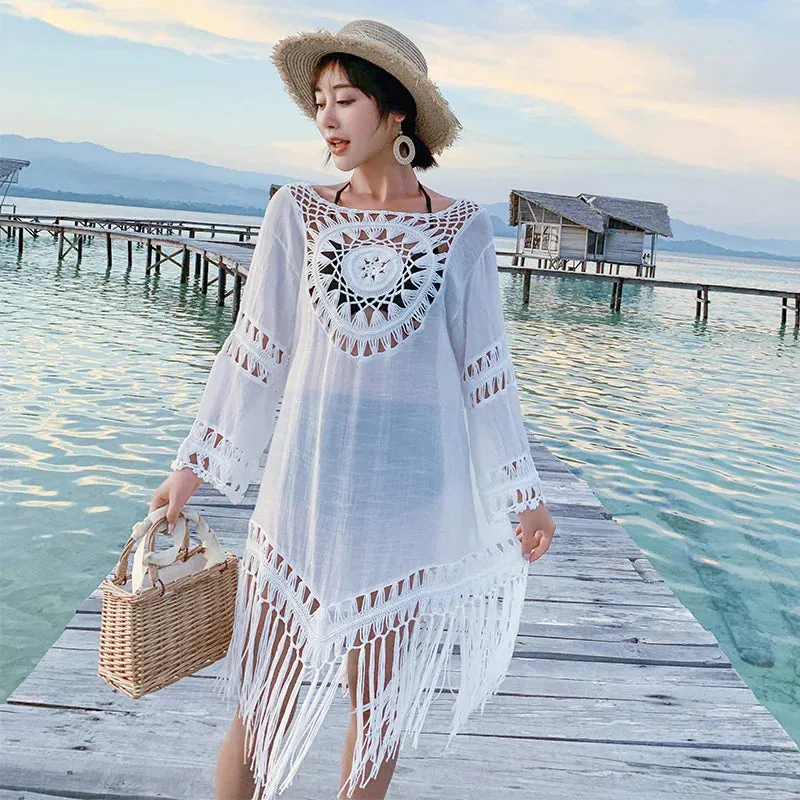 2022 New Beach Cover Up Tassel Dress Pareo Women Bikini Summer Hollow Out Swimwear Sun Dress Long Sleeve White Swimsuit Vestido