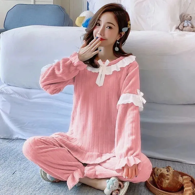 2PCS/Set Fall Winter Pajamas Thickened Warm Square Neck Long-Sleeved Coral Velvet Loungewear Maternity Solid Striped Homewear