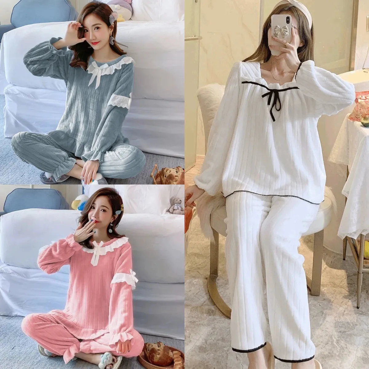 2PCS/Set Fall Winter Pajamas Thickened Warm Square Neck Long-Sleeved Coral Velvet Loungewear Maternity Solid Striped Homewear