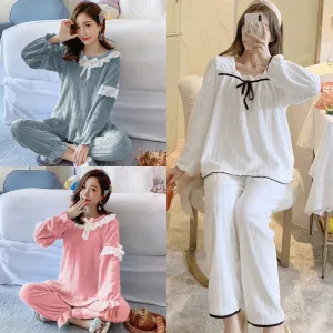 2PCS/Set Fall Winter Pajamas Thickened Warm Square Neck Long-Sleeved Coral Velvet Loungewear Maternity Solid Striped Homewear