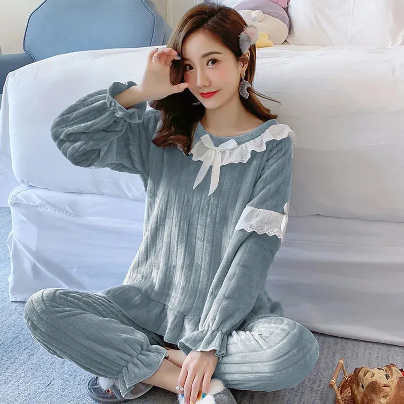 2PCS/Set Fall Winter Pajamas Thickened Warm Square Neck Long-Sleeved Coral Velvet Loungewear Maternity Solid Striped Homewear