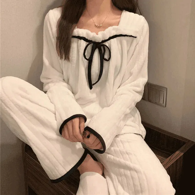 2PCS/Set Fall Winter Pajamas Thickened Warm Square Neck Long-Sleeved Coral Velvet Loungewear Maternity Solid Striped Homewear