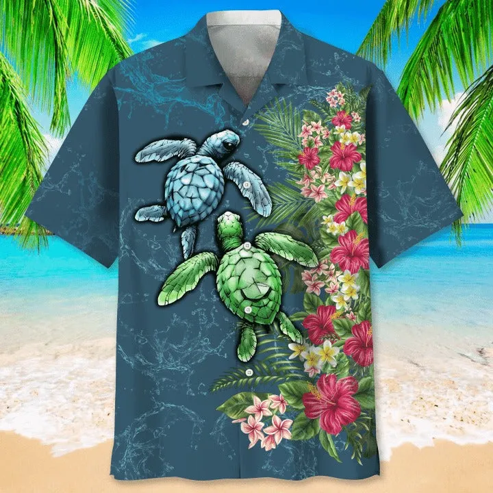 3D All Over Print Turtle Floral Hawaiian Shirt, Aloha Beach Shirt, Summer Hawaiian Turtle Shirt