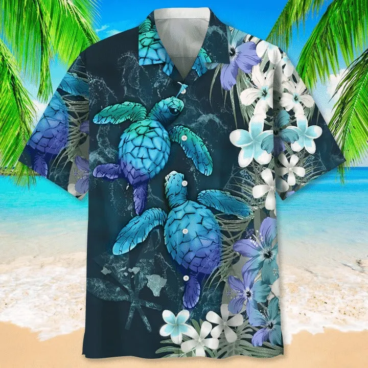 3D All Over Print Turtle Floral Hawaiian Shirt, Aloha Beach Shirt, Summer Hawaiian Turtle Shirt