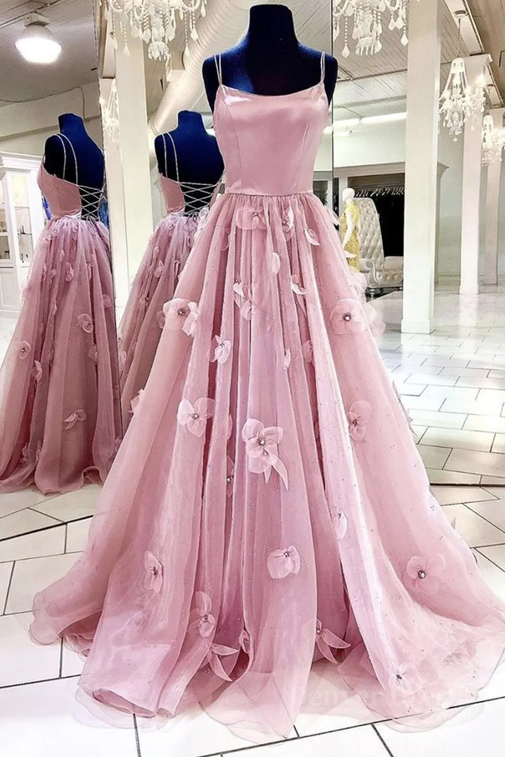 A Line Backless Pink Floral Long Prom Dress Pink Floral Formal Graduation Evening Dress