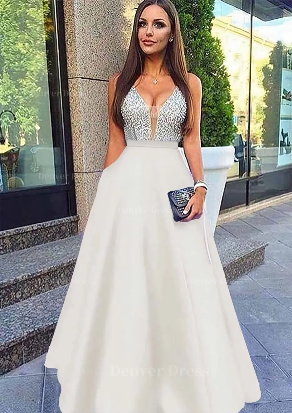 A-line/Princess V Neck Sleeveless Long/Floor-Length Satin Prom Dresses With Sequins