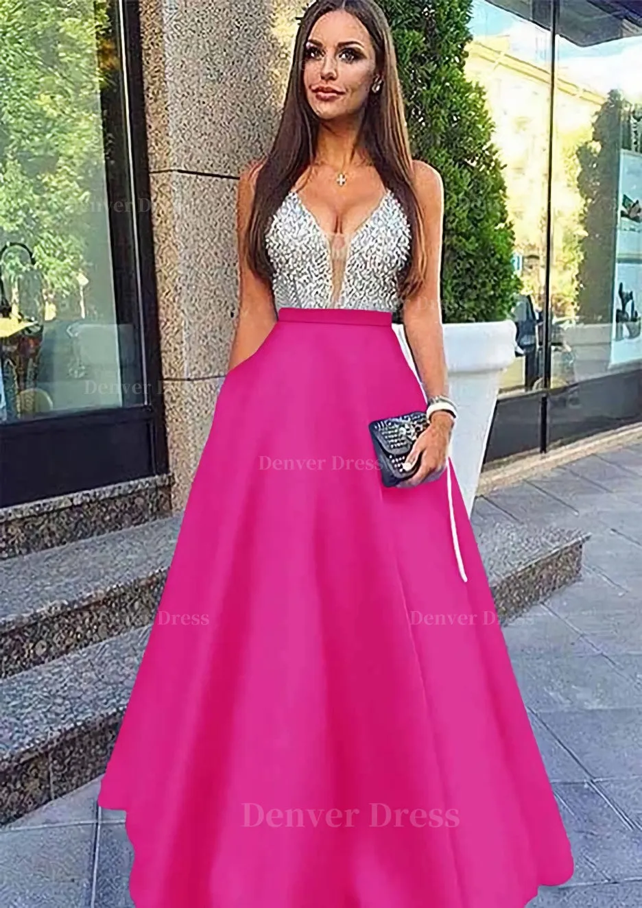 A-line/Princess V Neck Sleeveless Long/Floor-Length Satin Prom Dresses With Sequins