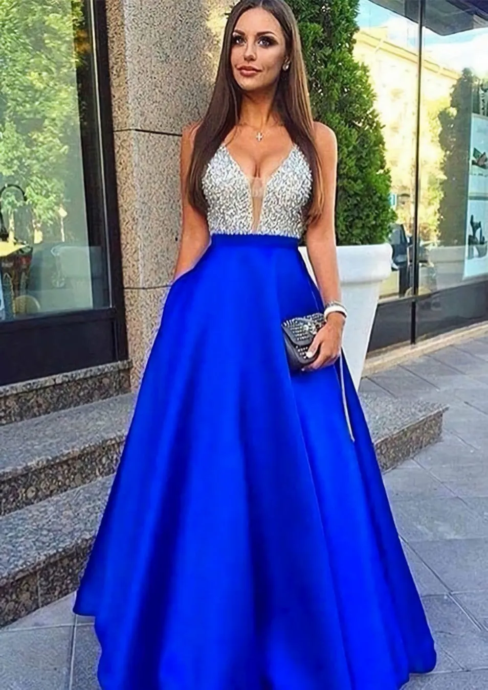 A-line/Princess V Neck Sleeveless Long/Floor-Length Satin Prom Dresses With Sequins