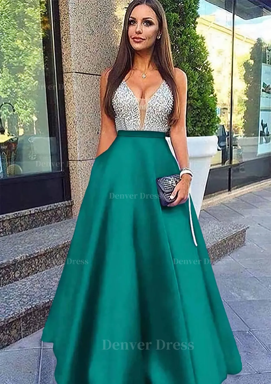 A-line/Princess V Neck Sleeveless Long/Floor-Length Satin Prom Dresses With Sequins