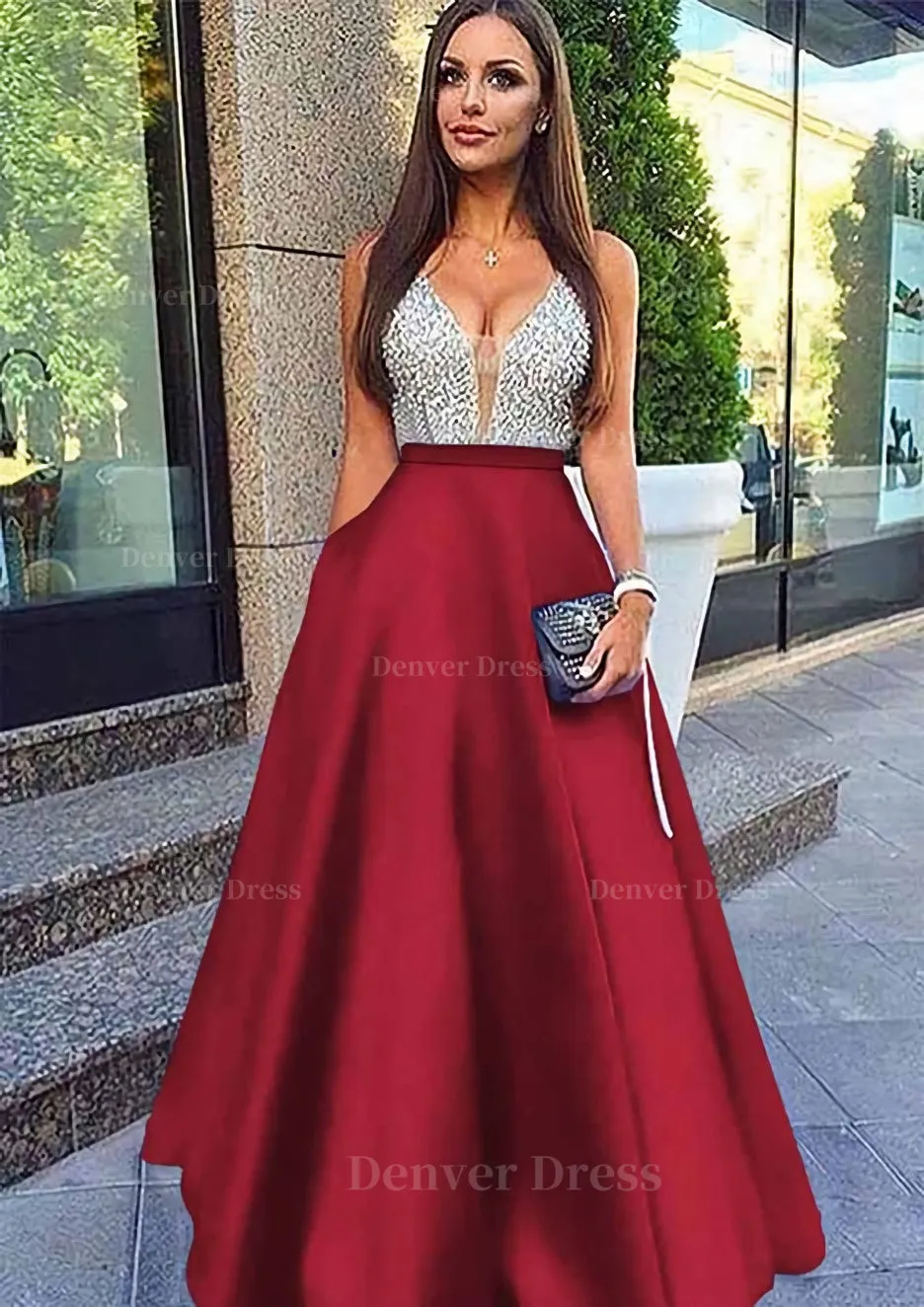 A-line/Princess V Neck Sleeveless Long/Floor-Length Satin Prom Dresses With Sequins