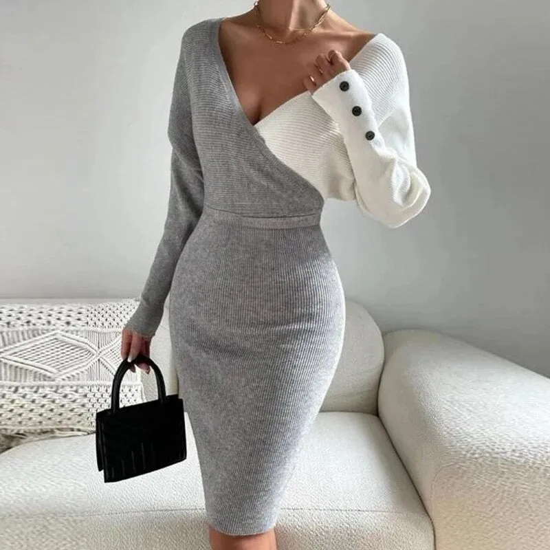 Advbridge Party Fashion Women High Waist Wrap Dress Autumn Winter Contrast Color Knitted Dresses Lady Formal V Neck Slim Midi Dress