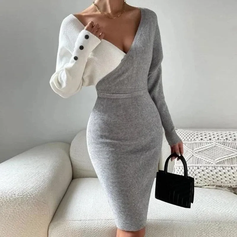 Advbridge Party Fashion Women High Waist Wrap Dress Autumn Winter Contrast Color Knitted Dresses Lady Formal V Neck Slim Midi Dress