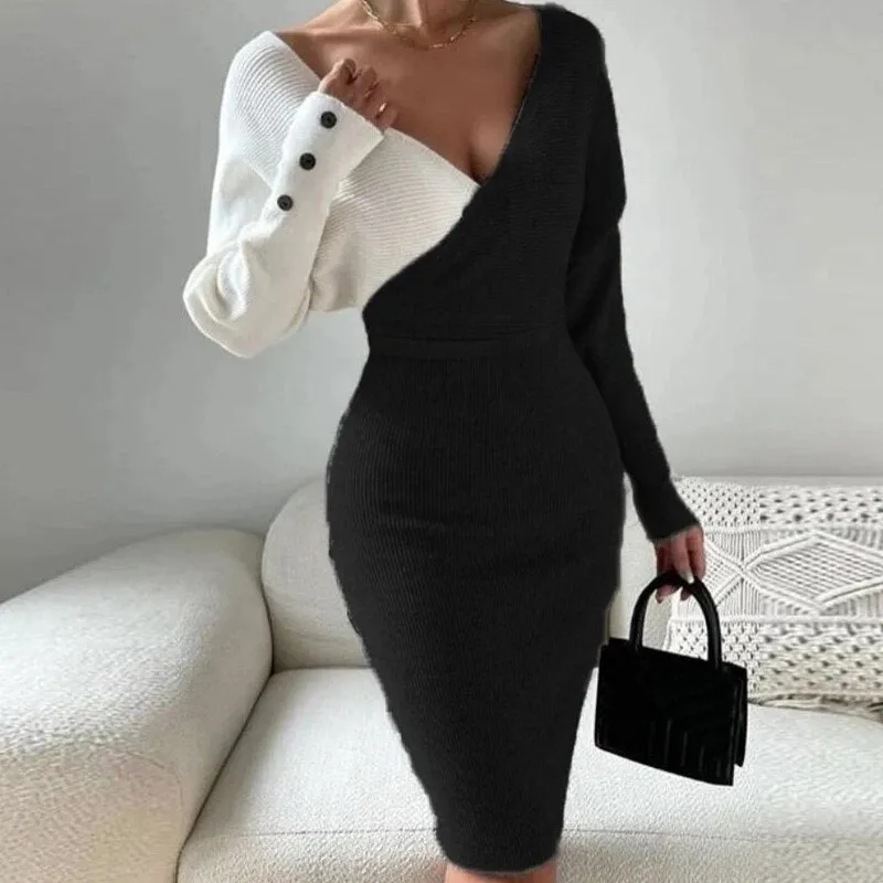 Advbridge Party Fashion Women High Waist Wrap Dress Autumn Winter Contrast Color Knitted Dresses Lady Formal V Neck Slim Midi Dress