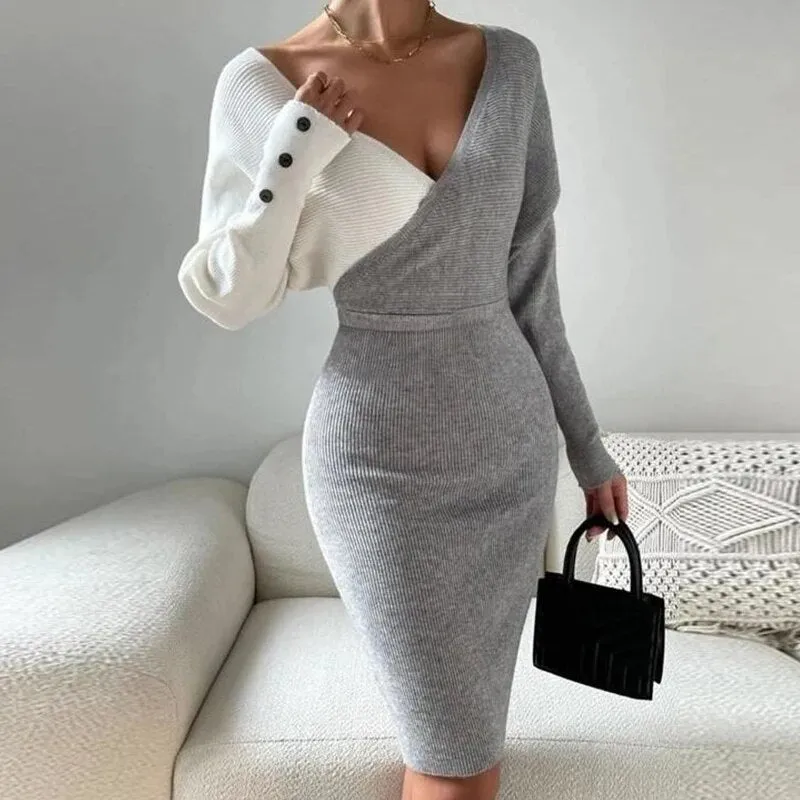 Advbridge Party Fashion Women High Waist Wrap Dress Autumn Winter Contrast Color Knitted Dresses Lady Formal V Neck Slim Midi Dress