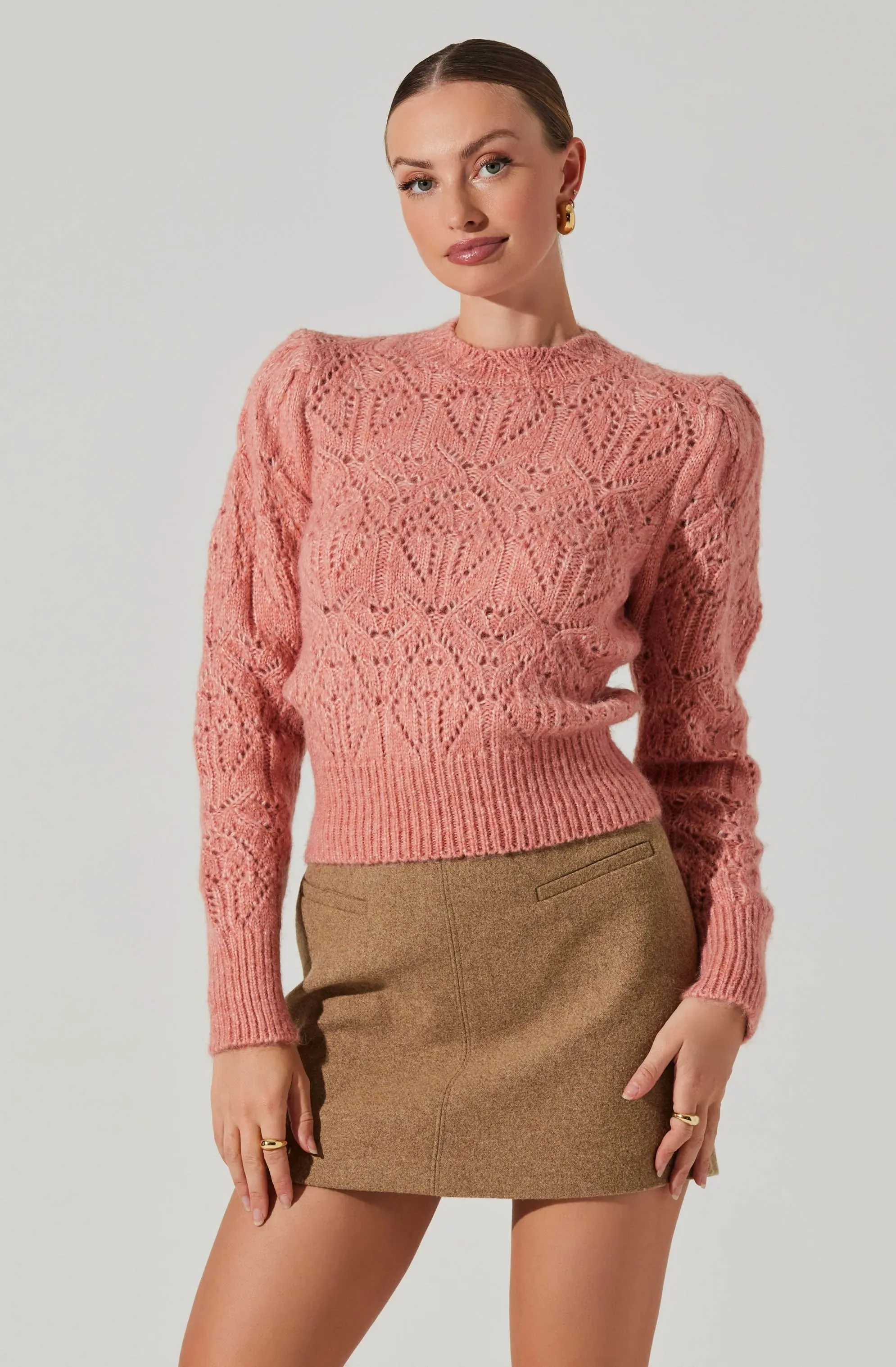 AST Evy Pointelle Puff Sleeve Sweater In Coral