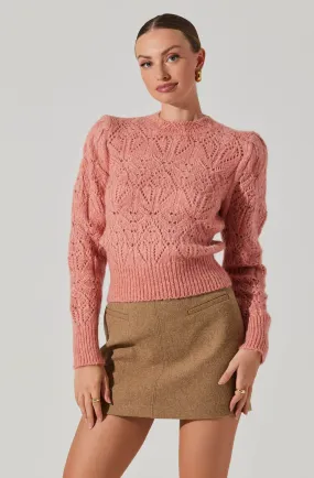 AST Evy Pointelle Puff Sleeve Sweater In Coral