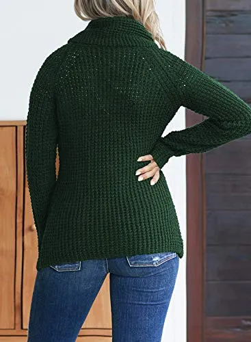 Asvivid Womens Turtle Cowl Neck Sweater Plain Button Asymmetrical Wrap Pullover Lightweight Knitted Sweaters Winter Fall Tops M Green