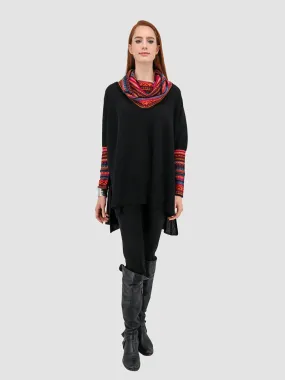 Baby Alpaca Cowl Neck Poncho with Sleeves - Black and Multi-Color