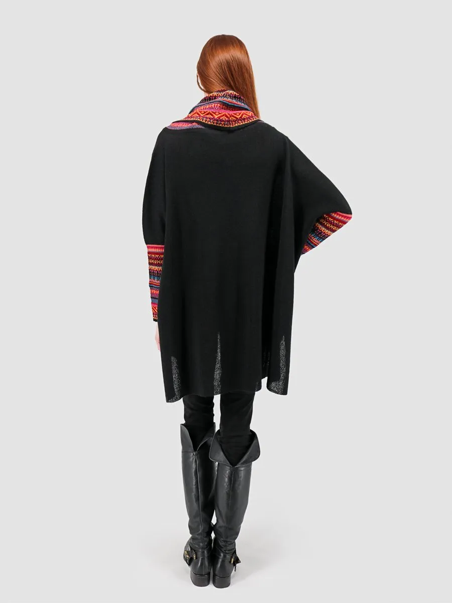 Baby Alpaca Cowl Neck Poncho with Sleeves - Black and Multi-Color