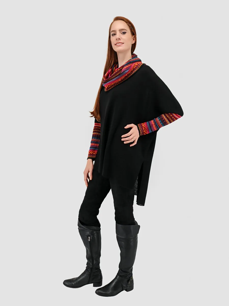 Baby Alpaca Cowl Neck Poncho with Sleeves - Black and Multi-Color