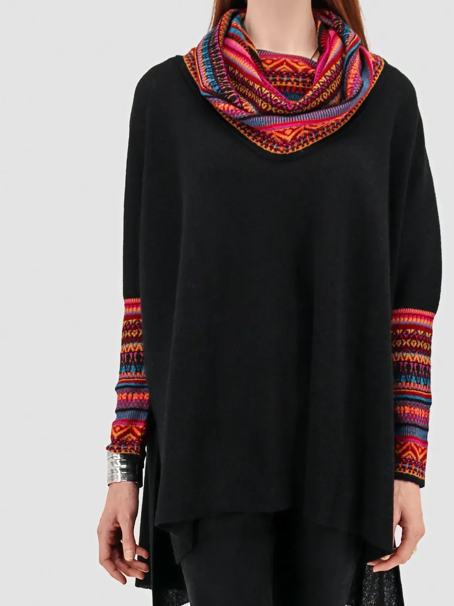 Baby Alpaca Cowl Neck Poncho with Sleeves - Black and Multi-Color