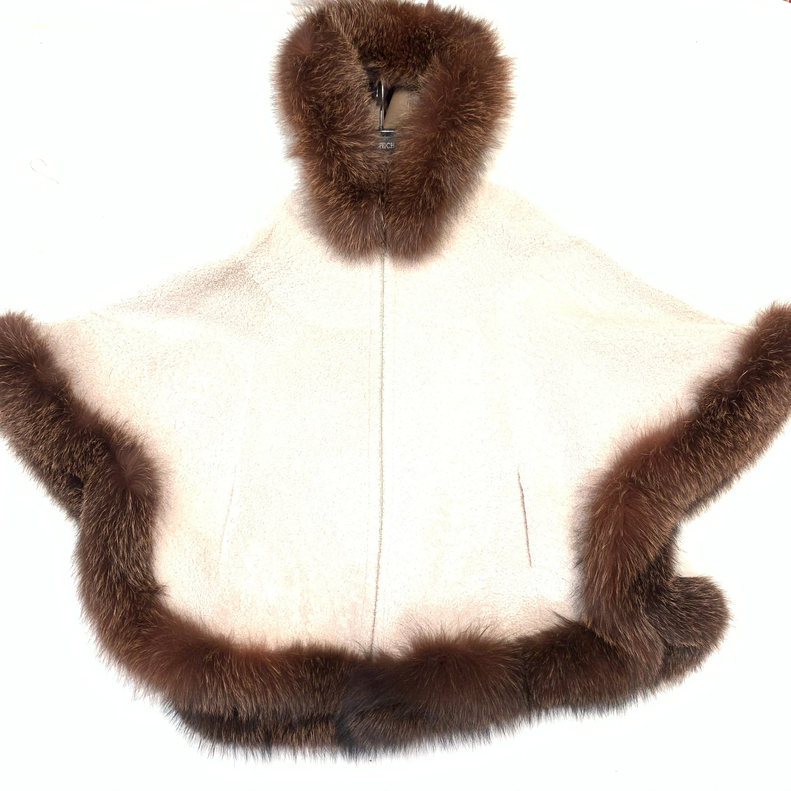 Barya NewYork White Wool Hooded Fox Fur Poncho