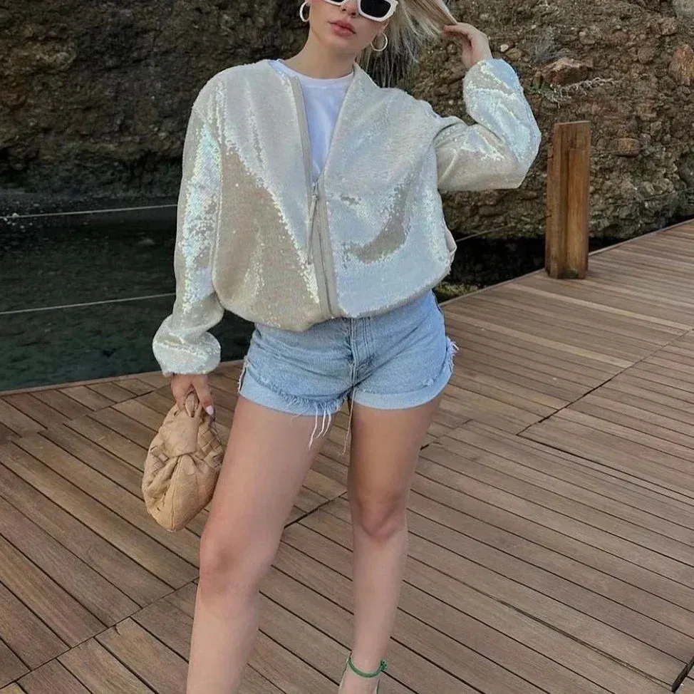 Beige Shiny Sequined Oversized Zipper Bomber Jacket for Women - 2024 Spring Fashion