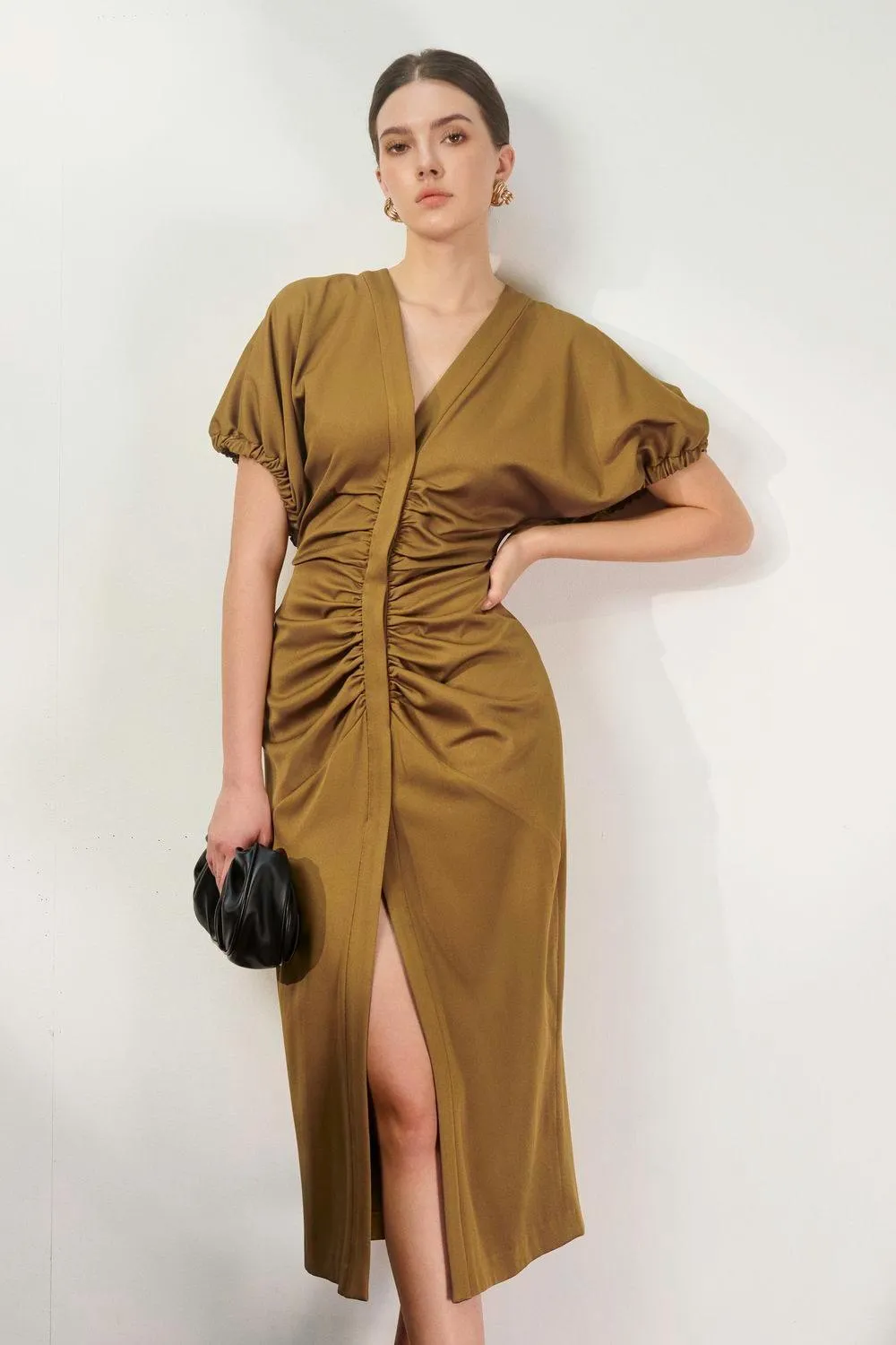 Belinda Gathered V-Neck Twill Midi Dress