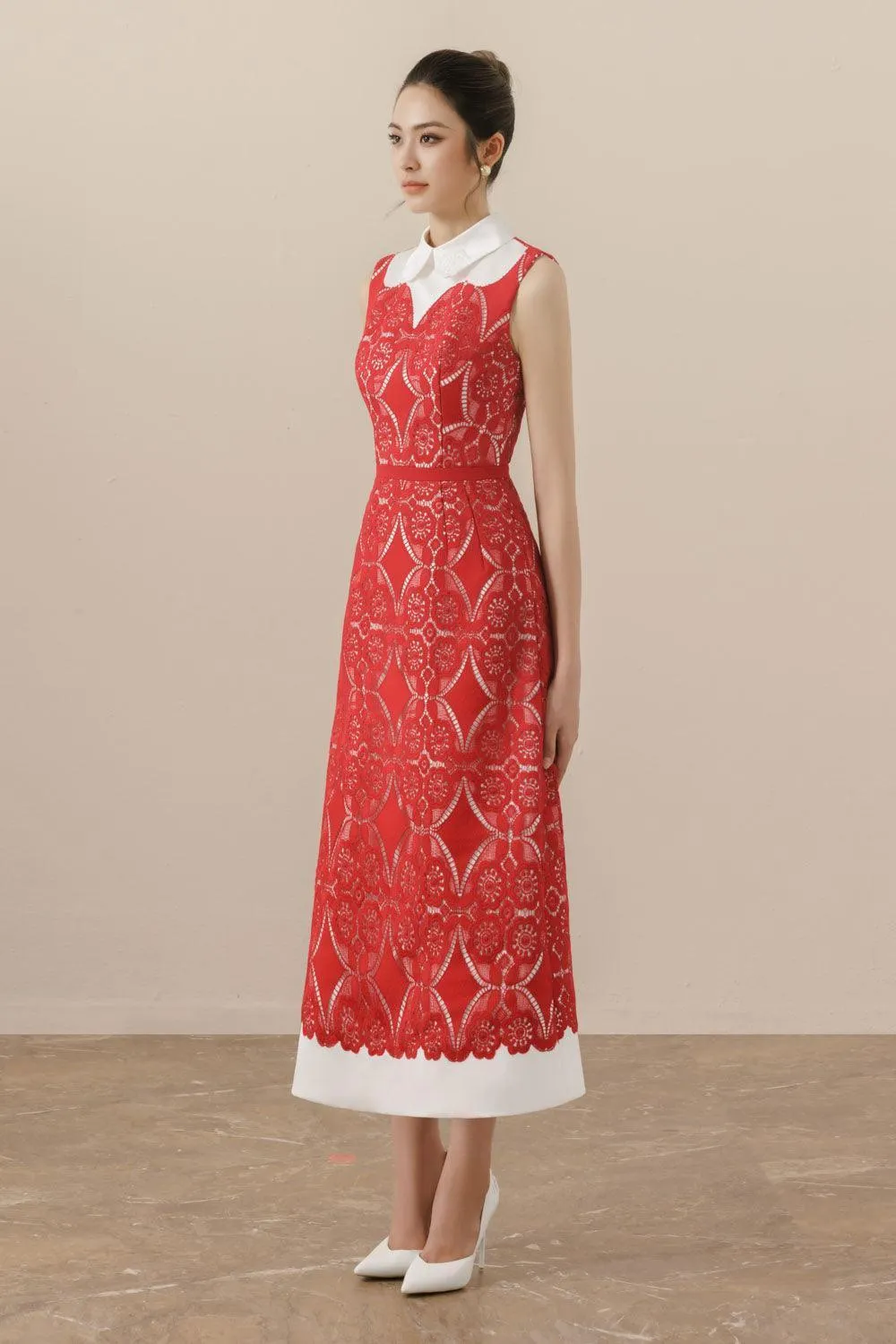 Bella A-line Collared Neck Lace Midi Dress